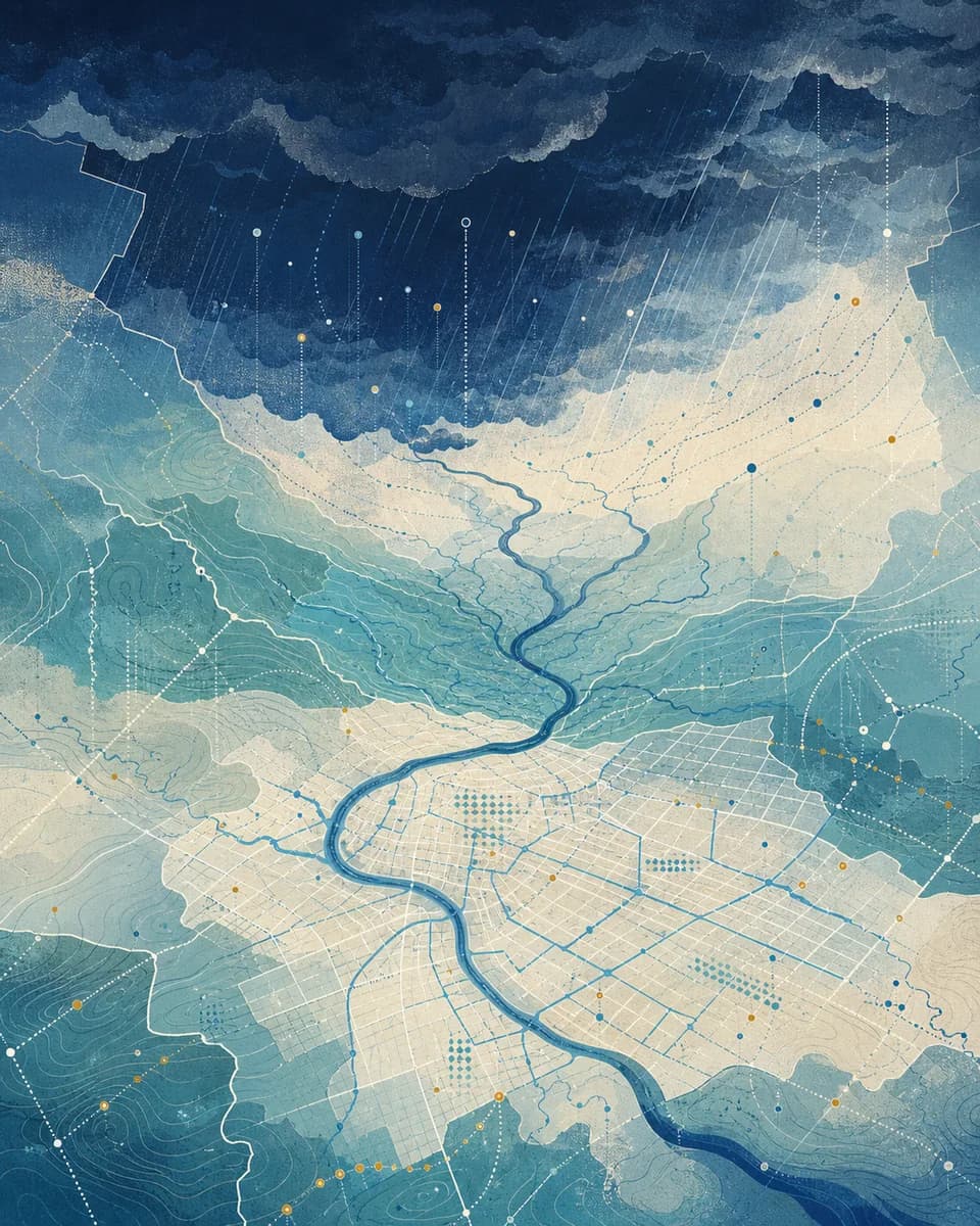 Ilustração de um território visto do alto, com rios, áreas urbanas e nuvens de chuva